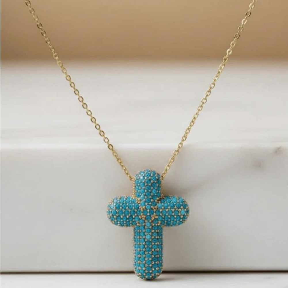 Turquoise Cross Necklace Gold Chain – Faith Charm Pendant – Christian Jewelry - Picture 2 of 3